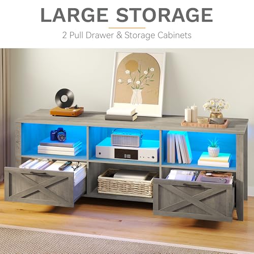 DWVO 70 Inch Farmhouse TV Stand with LED Lighting, Fits TVs up to 80 Inches, Media Console with Storage and Customizable Divider, Entertainment Center for Living Room (Grey)