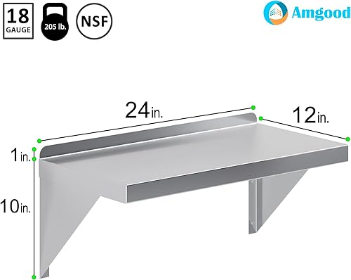 Miniatura 3 de AmGood 12 pulgadas de ancho x 24 pulgadas de largo  Estante de pared de acero inoxidable  Borde cuadrado  Estantería de metal  Resistente  Grado