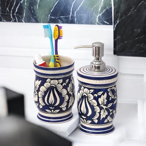 Image of Hand-Painted Ceramic Bathroom Accessories Set of 2 | 300ml Liquid Soap Dispenser & Toothbrush Holder | Rust-Proof Bathroom Organizer for Home & Wash Basin Decor | Blue Mughal