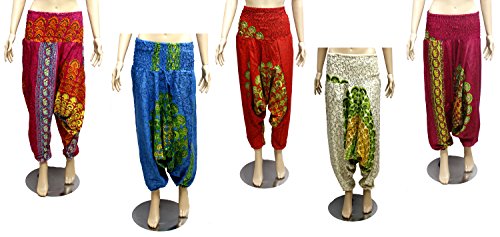 Wholesale Lot 10pc Rayon Peacock Design Harem Indian Silky Trouser Boho Baggy Gypsy Yoga Pants African Alladin & Bellydance Bohemian Boho Bulk Hobo Fashion Loose Apparels Waste Elastic Stripes Genie