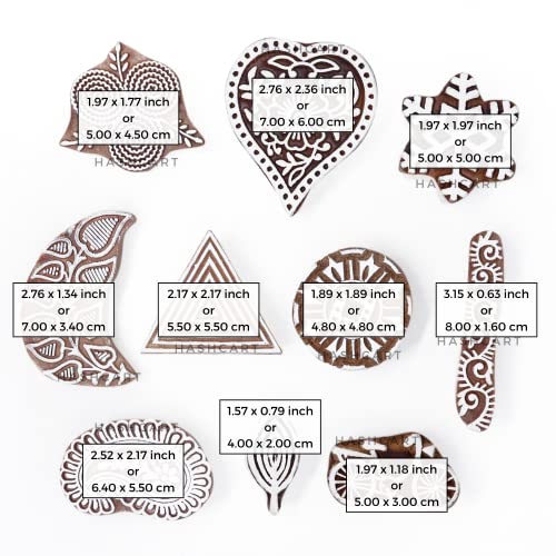 Image of Hashcart | Set of 10 | Handcarved Multi Shape Floral Design Printing Stamps for Project Making | Wood Blocks for Scrapbooking | Henna Mehndi | Kids & Art Project | Fabric Textile | Pottery Craft