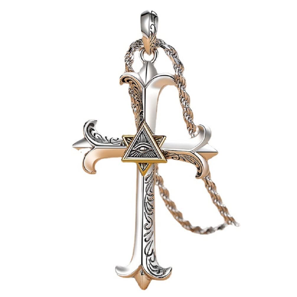 Cross Necklace for Men, Cross Sword Necklace Masonic All Seeing Eye Pendant Necklace Punk Rock Triangle Eye Charm Necklace Men’s Hip Hop Freemason Religious Necklace Jewelry Gift Father's Day