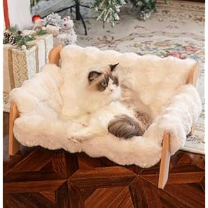 CHEERHOME PETS Elevated Cat Couch Bed for Indoor Cats, Wooden Cat Sofa with Removable Washable Fluffy Cover Raised Kitty Lounge Chair Suitable for Puppy(Cat Sofa Off-White)