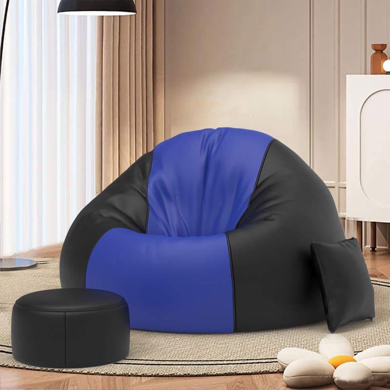 Image of Biggie Bean Bag with Beans Filled 4XL Comfort Edge Bean Sofa-Built for Superior Relaxation-Styled for Elegance with Free Cushion & Footrest (Matching Color : Leatherette Blue Black)