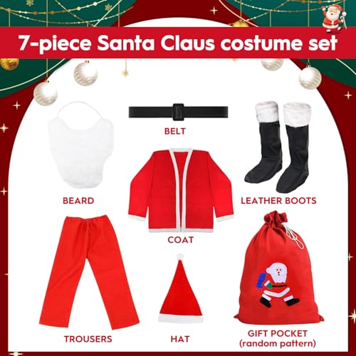 Weihnachtsmann Kostüm für Herren, 7-Teiliges Weihnachtsmann Kostüm für Erwachsene, mit Nikolaus Bart, Mütze, Schuh, Kleidung, Hosen, Gürtel und Geschenktüten, für Weihnachten Weihnachtsfeier Cosplay