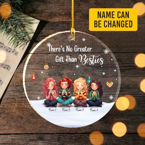 No Greater Gift Than Besties Clear Plastic Ornaments, Christmas Decorations Personalized Name Four Girls Wear Sweater with Chocolate Cup Acrylic Ornaments, Gifts for Sister Friends Bestie2