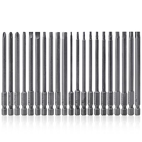 Mesee 21Pcs 100mm Long Magnetic Screwdriver Bit Combination Set 1/4" Hex Shank Assorted Screw Driver Bits - Torx Bits/Hex Head Allen Wrench/Flat Head Slotted Tip/Cross Phillips Screwdriver Bits