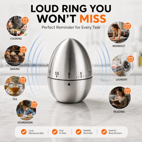 Image of KRESHU Stainless Steel Egg Kitchen Timer, Mechanical 60 Minute Pomodoro | For Cooking and Baking, Compact Manual Stopwatch, for Home and Office