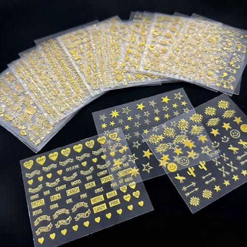 Bestac 30Pcs Nail Art Stickers - 3D Self-Adhesive Star Gold Line & Diamond Decals Gold Leaf Acrylic Nail Supplies for Women