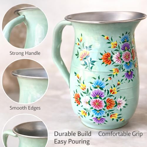 Image of iHandikart Handpainted Stainless Steel Water Jug | Mint Green Floral Steel Pitcher for Water, Juice & Milk | Decorative Serving Jug for Kitchen, Dining & Home Decor | 8 x 6 Inch