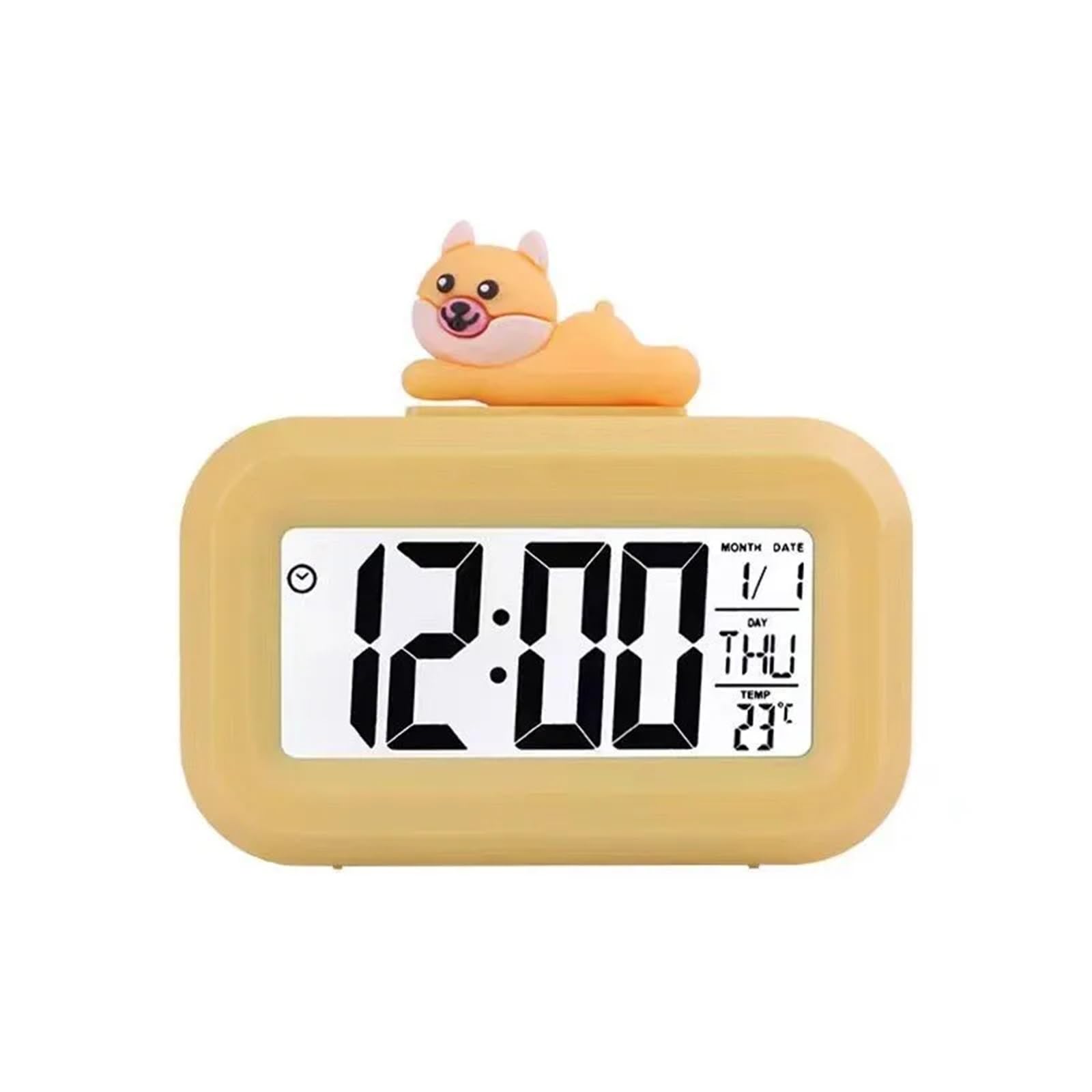 LUYSGBXR Alarm Clock Mini Music Digital Alarm Clock with Backlight Temperature Week Month Date Display Snooze Desktop Table Clocks 12/24H(Yellow Dog)