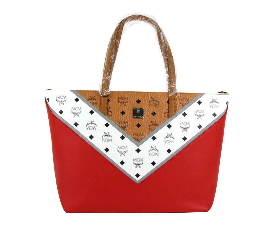 MCM Women's Red/Brown Leather Coated Canvas Medium Zip Shopper Tote MWP9SCV10CD001