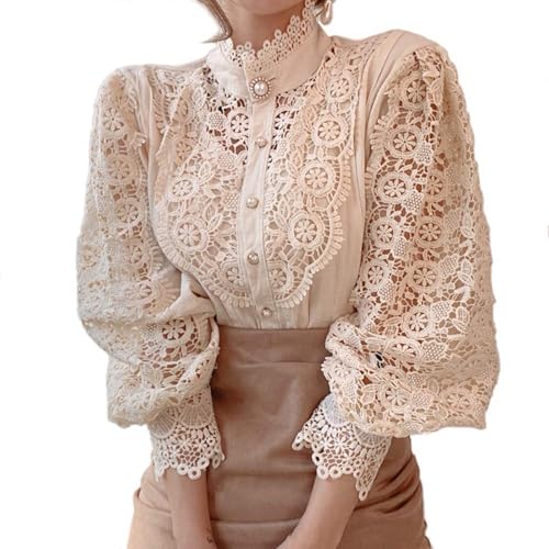 Image of Women's Hollow Out Blouse White Blouses for Women UK Women's Lace Sleeve T-Shirt Women Lace Sleeve Tunic Top Ruffle Neck Blouses Long Sleeve Tops Beige, M