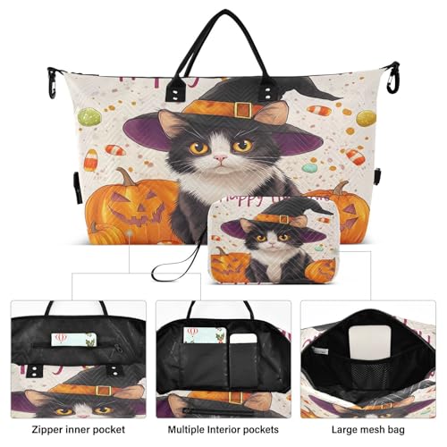 Halloween Travel Gym Bag, Halloween Pumpkin Cat C Weekender Overnight Duffle for Women with Toiletry Bag Travel Swim2