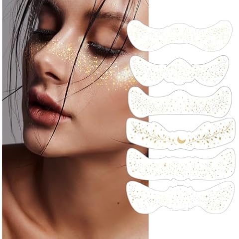 6 Pcs Makeup Patches - Gold - Face Glitter Makeup Speckles，Sweatproof Waterproof Gold Glitter Face Freckles，Cute Glitter Makeup Accessories for Women， Fake Freckles for Women. Cover