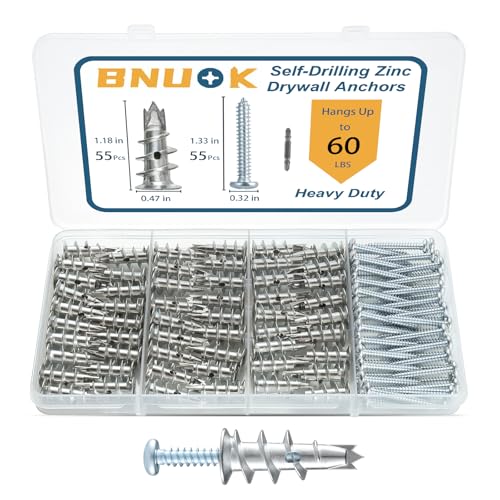 BNUOK Metal Self Drilling Drywall Anchors,110PCs Hollow Zinc Sheetrock Anchors and Screws Kit, 55 Heavy Duty Wall Anchors and 55 Pan Head Screws,60LB Hanging
