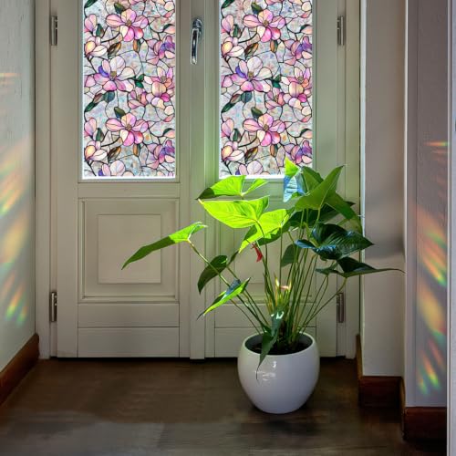 Image of XhuangTech Flower Sunroof Film Floral Rainbow Effect Static Clings Window Privacy Film Sun Protection Stained Glass Decals for Car Moonroof and Home (F876, 16.93 x 39.37 Inch)