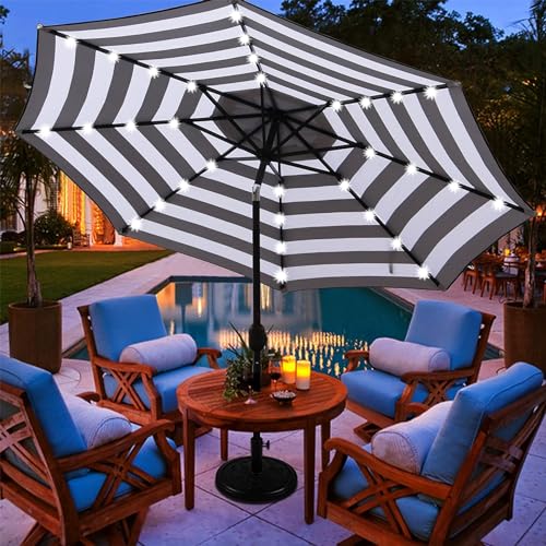 Blissun 9 ft Solar Umbrella 32 LED Lighted Patio Umbrella Table Market Umbrella with Tilt and Crank Outdoor Umbrella for Garden, Deck, Backyard, Pool and Beach (Black and White) - Thumbnail 7