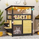 Outdoor Cat House Weatherproof - Outside Two Story Feral Cat Shelter with Escape Door, Wood Dog Condo for Small/Medium Pets, Pull-Out Bottom & Scratching Mat Included - Black and Earthy Yellow