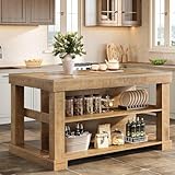Tribesigns Kitchen Island with 3 Shelves, 55 Inches Width Kitchen Shelf with Large Worktop, Stable Wooden Structure, Farmhouse Style, Easy to Assemble, Light Brown
