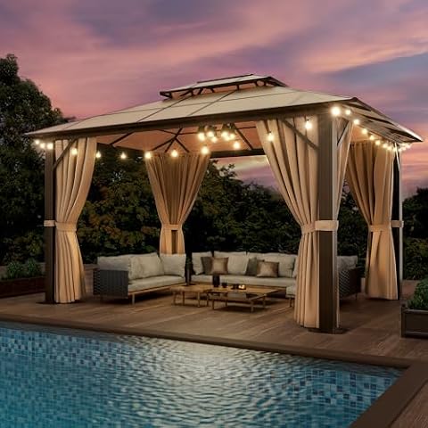 Jolydale 10'x12' Hardtop Gazebo, Double Roof Gazebo, Aluminum Frame Permanent Pavilion with Netting and Curtains, Outdoor Polycarbonate Gazebo, for Patios, Gardens, Lawns Cover