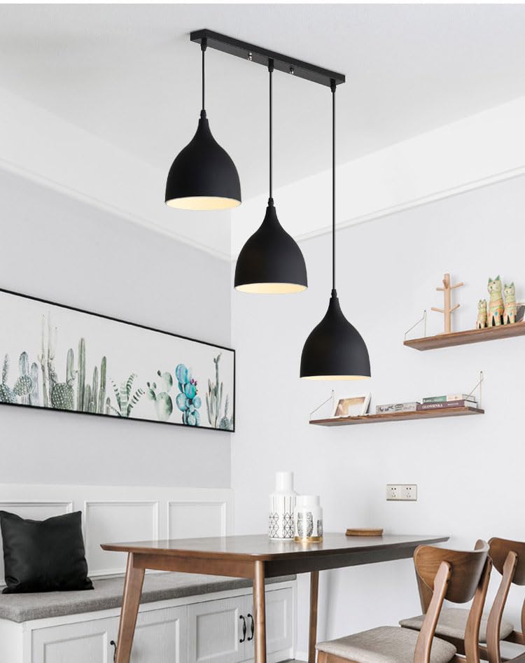 Image of GreyWings Modern Triple Black Dome Pendant Hanging Light for Ceiling, Aluminium, Drop, Antique Decor, (Bulb is not Included) White, 3 Lamp Linear Set