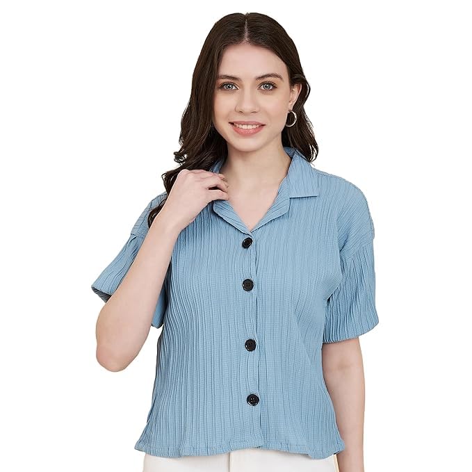Women Cotton Blend Striped Pattern V-Collar Half Sleeve Stylish Shirt for Women Shirt | Long Shirt Tops for Women-picture-43