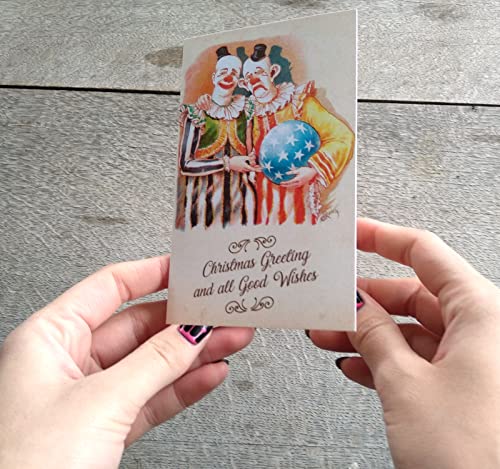 Image of PIXILUV CIRCUS CHRISTMAS (Pack of 12) Notecards Small Greeting Cards # Vintage Clowns and Circus Wishing a Merry Christmas ~ Vintage Christmas Postcards Reprint