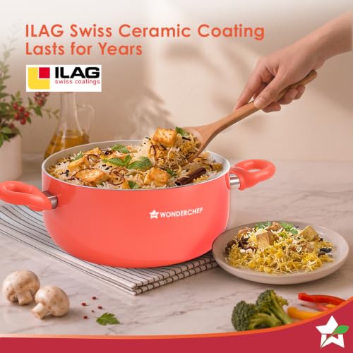 Image of Wonderchef Natura Ceramic Casserole & Glass Lid for Cooking, 24cm, 4.5L, Non-Toxic Chemical-Free Coating, PFOA /PFAS-Free, Scratch-Resistant, Gas & Induction Compatible, 2-Yr Warranty, Peach