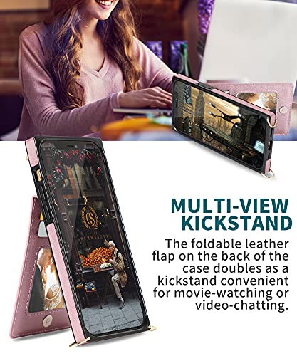 Hoggu Iphone 12 Pro Max Crossbody Wallet Case - Leather, Card Holder, Zipper Purse, Kickstand, Removable Strap, Square Corners, Rose Gold #TOP4