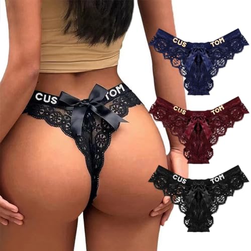 2-Pack Personalized Thongs with Names,Sexy Lace Bow Custom Panties for Women,Customized Thong with Name On It