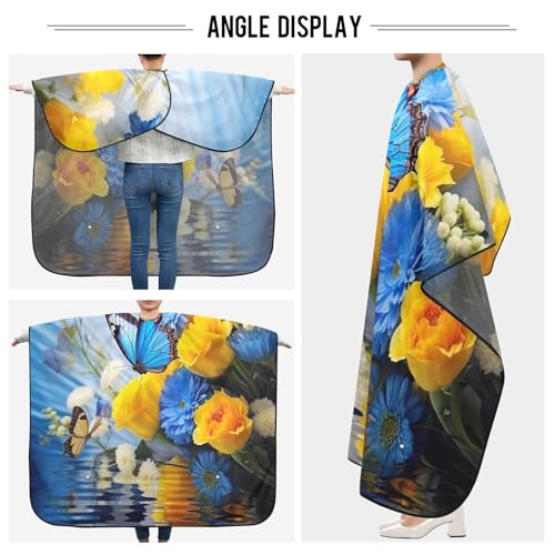 Capa para corte de cabello profesional impermeable con flores azules y amarillas, con cierre ajustable de broche, para peluquería y barbería miniatura 5