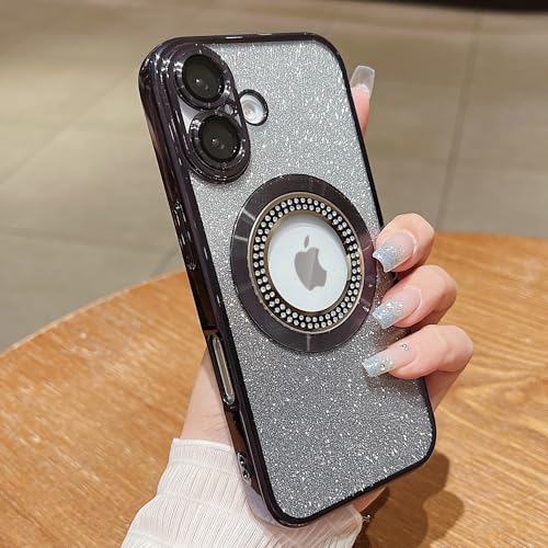 Image of Misscase for iPhone 16 Magnetic Glitter Case Compatible with MagSafe,Full Protection Slim Shockproof Anti-Scratch Case with Camera Lens Protector Logo View Dust-Proof Net for Women Black