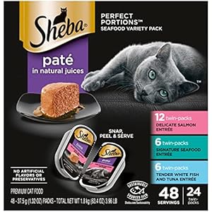 SHEBA PERFECT PORTIONS Paté Adult Wet Cat Food Trays (24 Count, 48 Servings), Signature Seafood Entrée, Easy Peel Twin-Pack Trays