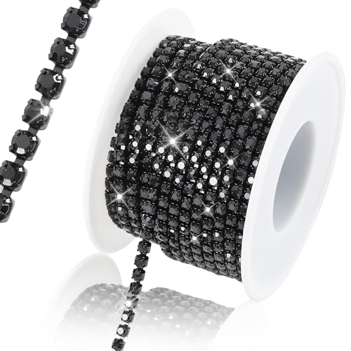 Rytenz 10 Yards 4 MM Rhinestone Chain Trim Crystal Rhinestone Close Chain Trim Shiny for Sewing Crafts, DIY Decoration, Jewelry, Clothing, Shoes (Black)
