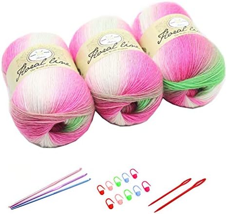 YAMEE 3X 100g Rainbow Wool Yarn Balls Chunky Knit Double Pom Pom Coloured Chunky Wool with 3 Crochet Hooks, 2 Needles, 10 Crochet Locking Stitch Markers for Beginners (202)