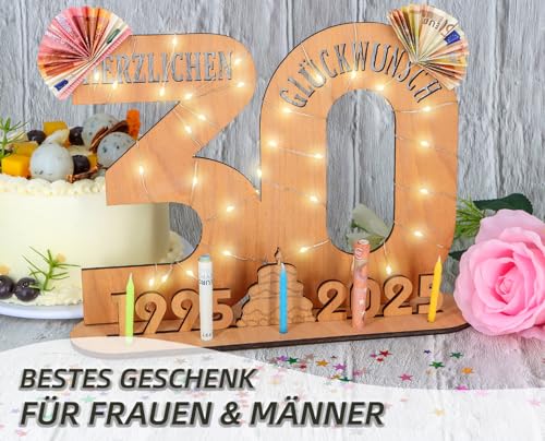 Giftota - 2025 Originelle 30 Geburtstag Geschenk Frauen & Männer - 30 Perlenhochzeit - Geldgeschenke 30 mit LED Lichterkette Ständer - Holz-Schild Gästebuch - 30 Geburtstag Deko - Hochzeitsgeschenke