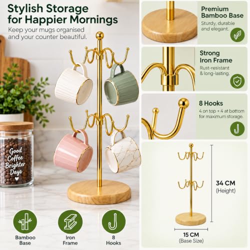 Image of Mug Holder Stand for Kitchen | 8 Hook Mug Tree & Cup Organizer with Bamboo Base | Coffee Cup Holder Stand for Countertop, Dining Table & Coffee Bar | Golden-Electroplated