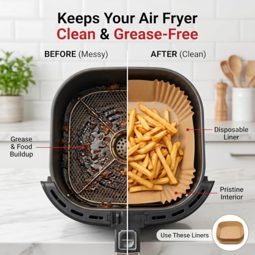 Image of Sakoraware 100 PCS Paper Liners 8 x 8 Inches, Disposable Non-Stick Parchment Paper for Air Fryer Oil Proof, Food Grade Baking Paper for Roasting, Baking & Cooking