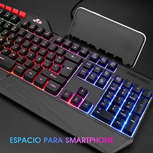 Rii RK202 Gaming Keyboard with a smartphone placed in its integrated holder