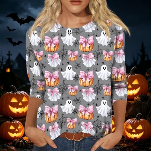 Image of Women Spooky Halloween Graphic Shirt 3 /4 Length Sleeve Crewneck Top | Halloween Funny Printed Pumpkin Plus Size Tshirts 2026 Fall Outfits Skeleton Tee Going Out Tops