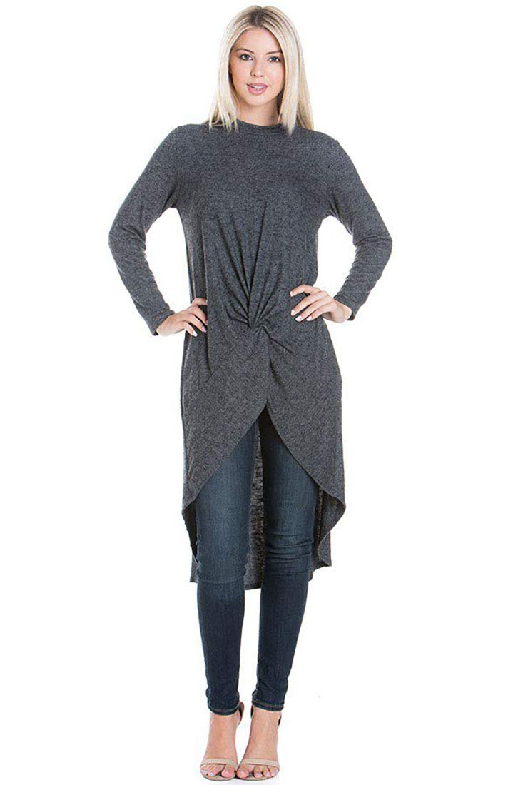 Modern Kiwi Long Sleeve Solid Twist Front High Low Tunic Top (S-XL)