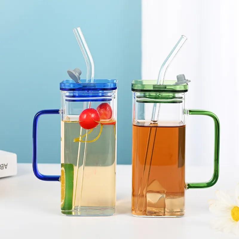 SQINELLI Glass Cups and Coffee Mug with Lids and Glass Straws, Spill Proof Glass Coffee Tumbler Mug for Iced Tea Juice Milk Smoothie Mug (Square Can Glass with Handle Set of 2) (B0CCSLPY97) Amazon Price History, Amazon Price Tracker