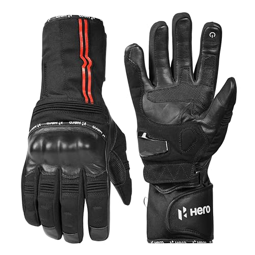 Image of Hero MotoCorp Long Leather and Polyester Full Riding Gloves - Knuckle & Palm Slider Protection, Touch Screen Sensitive, with Extended Cuff (Size L)