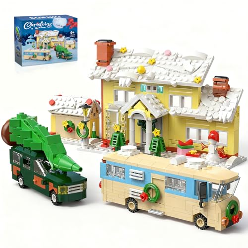 4 in 1 Snow Village,Pickup,Garage,RV Building Set Compatible with Lego,Xmas