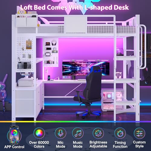 Image of Dnxao Full Size Loft Bed with Desk and 5 Storage Drawers, Heavy Duty Metal Loft Bed with Charging Station, LED Lights & Pegboard, Space-Saving Workstation for Teens & Adults, White