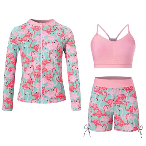 Image of Funnycokid Girls Swimsuit 3 Pieces Zip Rash Guard Bathing Suits Set Kids Bikini Boyshort Summer Swimwear 3-14 Years