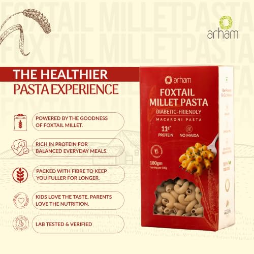Image of Arham Organic Foxtail Millet Macaroni Pasta 180g | No Maida, Non-GMO, No Preservatives, Chemical-Free | Easy & Quick to Cook