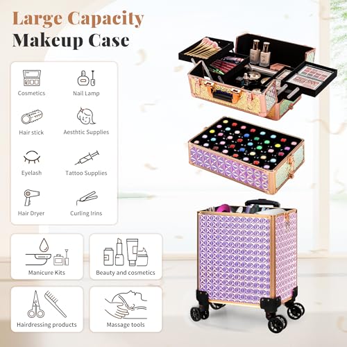 Image of 3 in 1 Rolling Makeup Train Case Professional Large Cosmetic Trolley Cosmetology Case on Wheels Traveling Cart Trunk for Hairstylist Artist Nail Beauty Salon Barber, Colorful