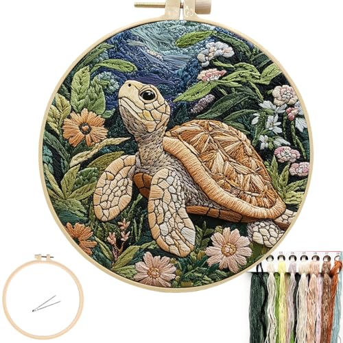 Image of FONNUY Sea Turtle Floral Embroidery Kit, Cross Stitch Kits for Beginners, Handmade Crafts with Printed Patterns for Adults, Easy to Follow Color Thread Needlework, 8'' Hoop (Ocean Journeyer)